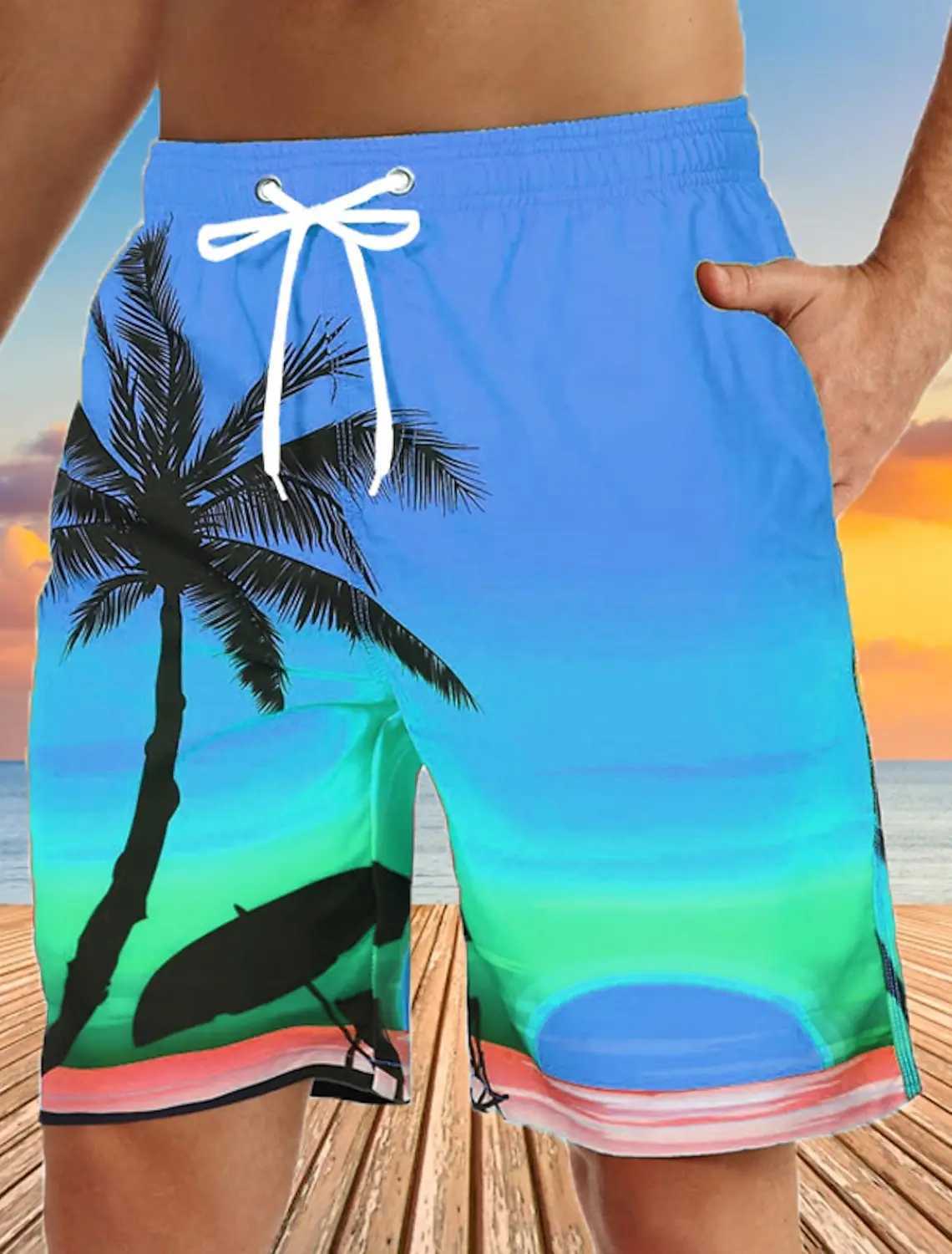 Hawaiian Coconut Tree Beach Shorts 3D Printing Summer Mens Casual Swimming Short High Elastic Quick Drying Pants Sport PantT250304