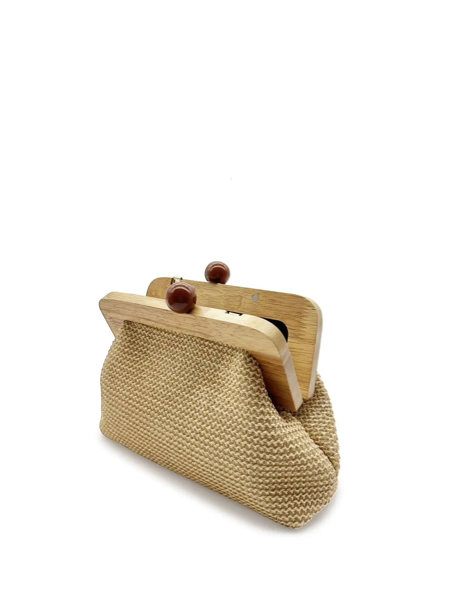 Fashion Wooden Clip Shell Clutch Bags for Women Straw Chains Shoulder Crossbody Casual Summer Beach Bag Elegant Party Purse 250303