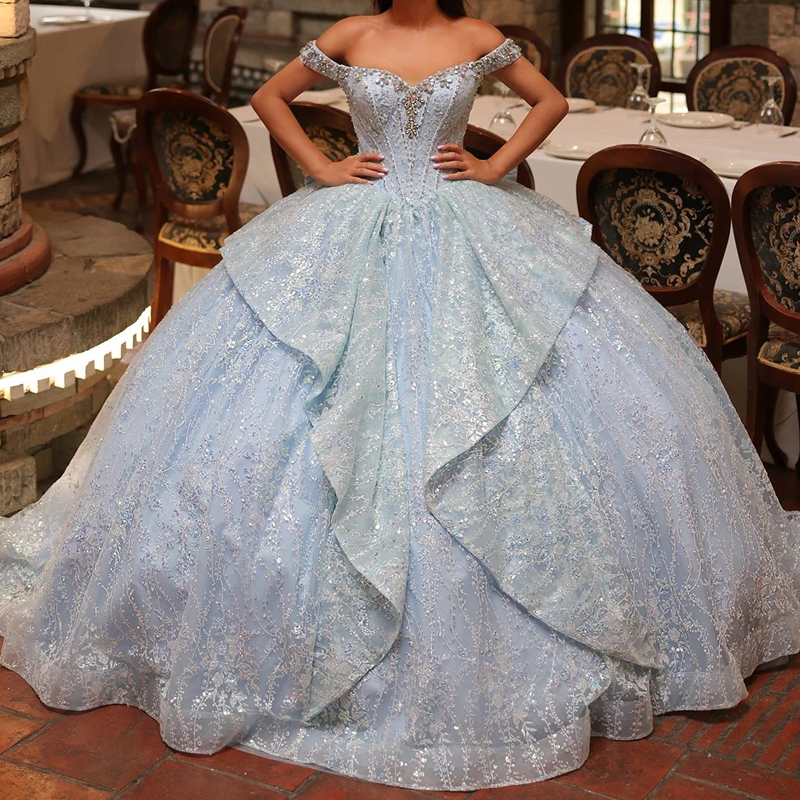 Sky Blue Shiny Quinceanera Dresses Ball Gown Off The Shoulder Applique Lace Beading Bow Tull Party Birthday Sweet 16 Vestidos De 15 Anos
