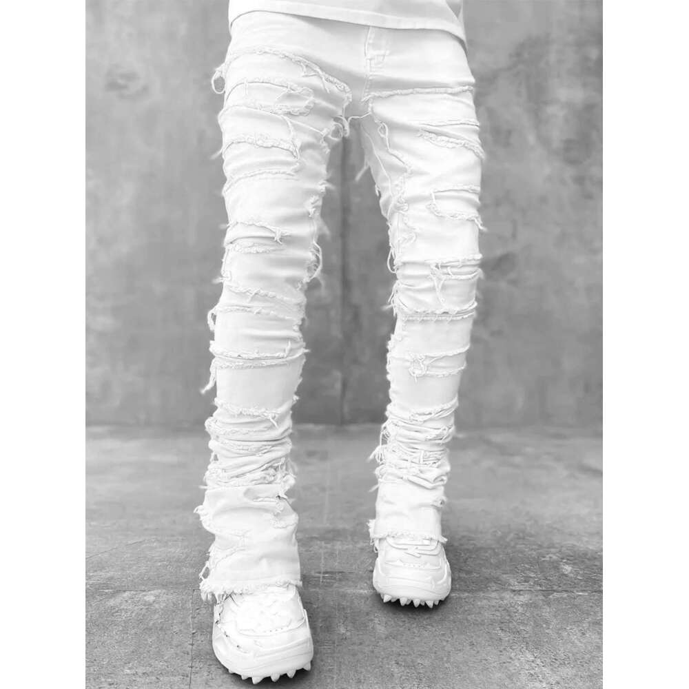 Streetwise Stretch Patch Jeans For Men Bottom Baggy Men's Clothing Summer Solid New Fashion Mid Waist Patchwork Long Pants Male