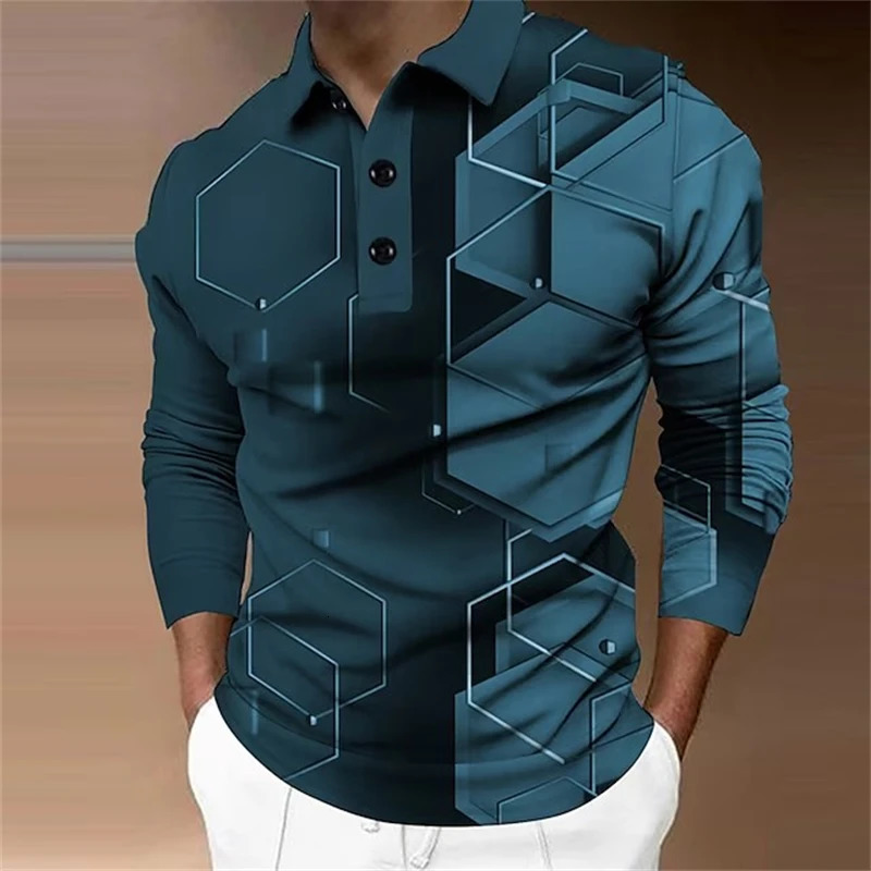Mens Long Sleeve Polo Shirt Golf Shirt Graphic Prints Geometry Turndown 3D Print Outdoor Street Long Sleeve Comfortable Tops 250304