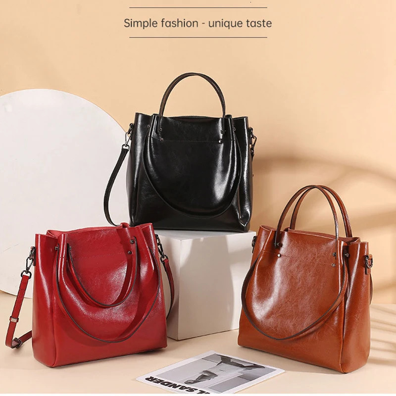 100% Genuine Leather Women Tote Bag Large Capacity High Quality Cowhide Womens Shoulder Bags Wrinkled Opening Fashion Handbag 250303