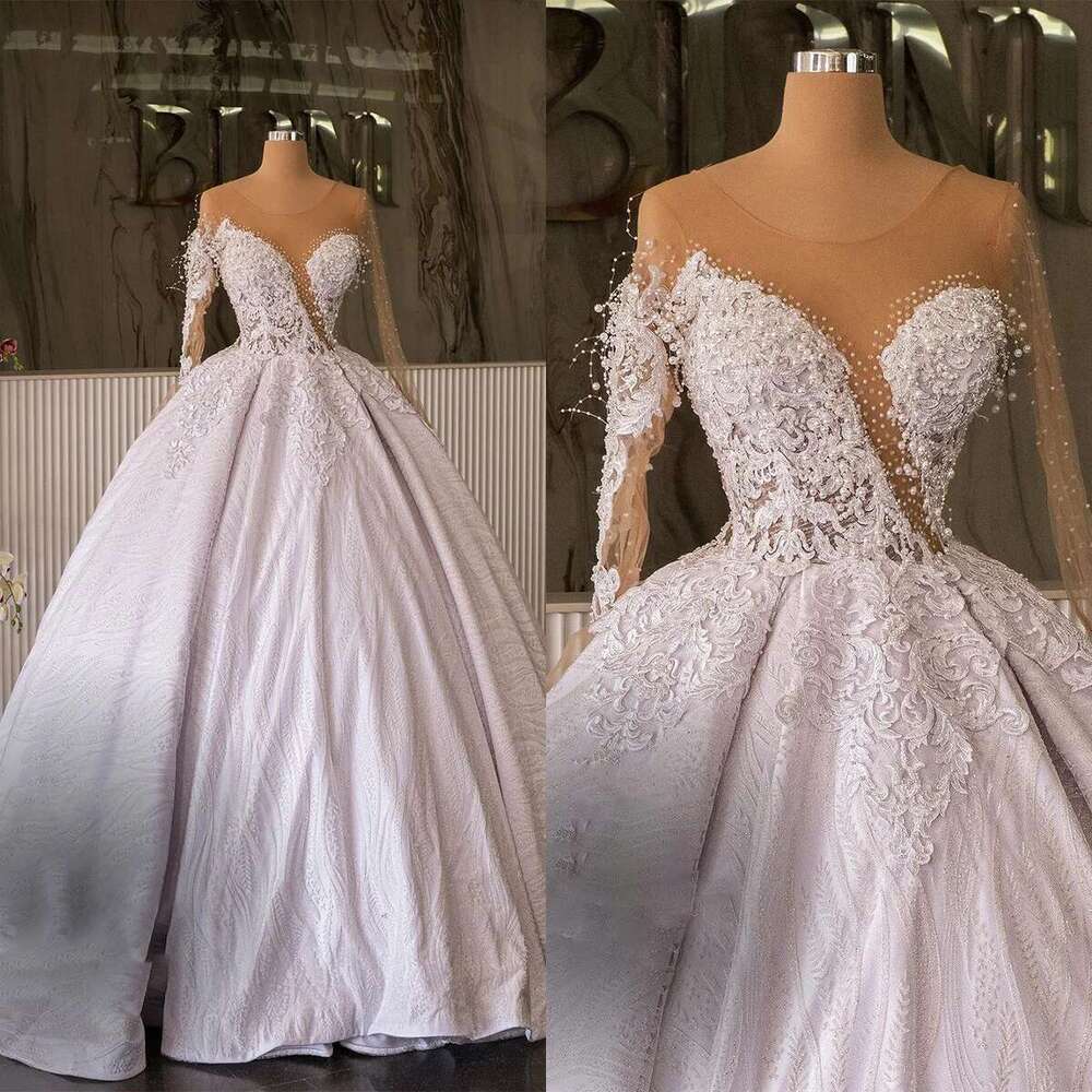 Charming Ball Gown for Wedding, O-neck Illusion, Appliques, Lace, Pearls, Pleats, Backless Wedding Dress, Custom Made