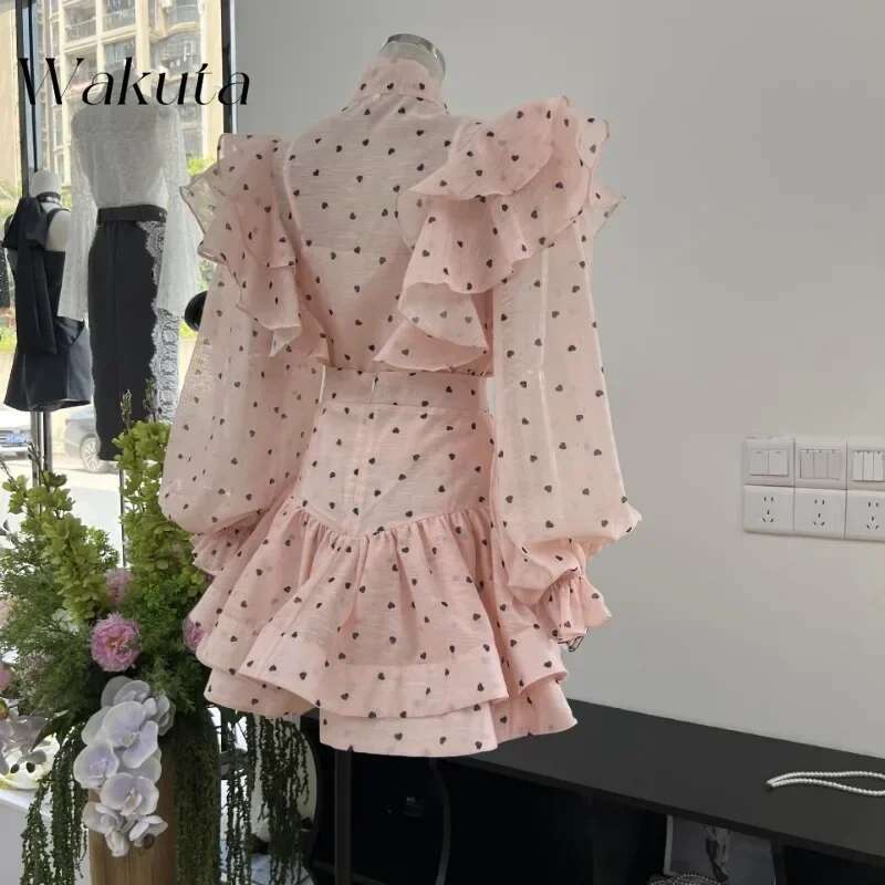 WAKUTA French Spring Ruffled Bow Heart-Shaped Printed Shirt Fashion High Waisted Short Skirt 2-Piece Set Female Clothing