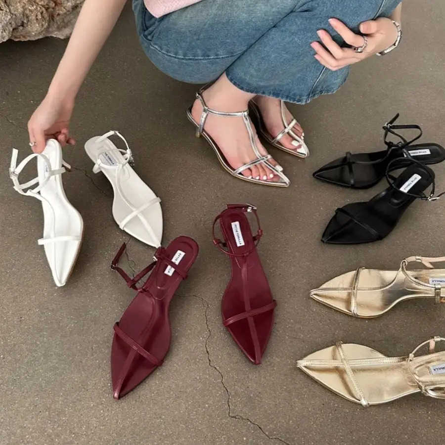 Bailamos Brand Wen Sandals Fi Narrow Band Low H Ladies Gladiator Shoes Pointed Toe Ankle Buckle Sandalas Zapatos Muje Z250304