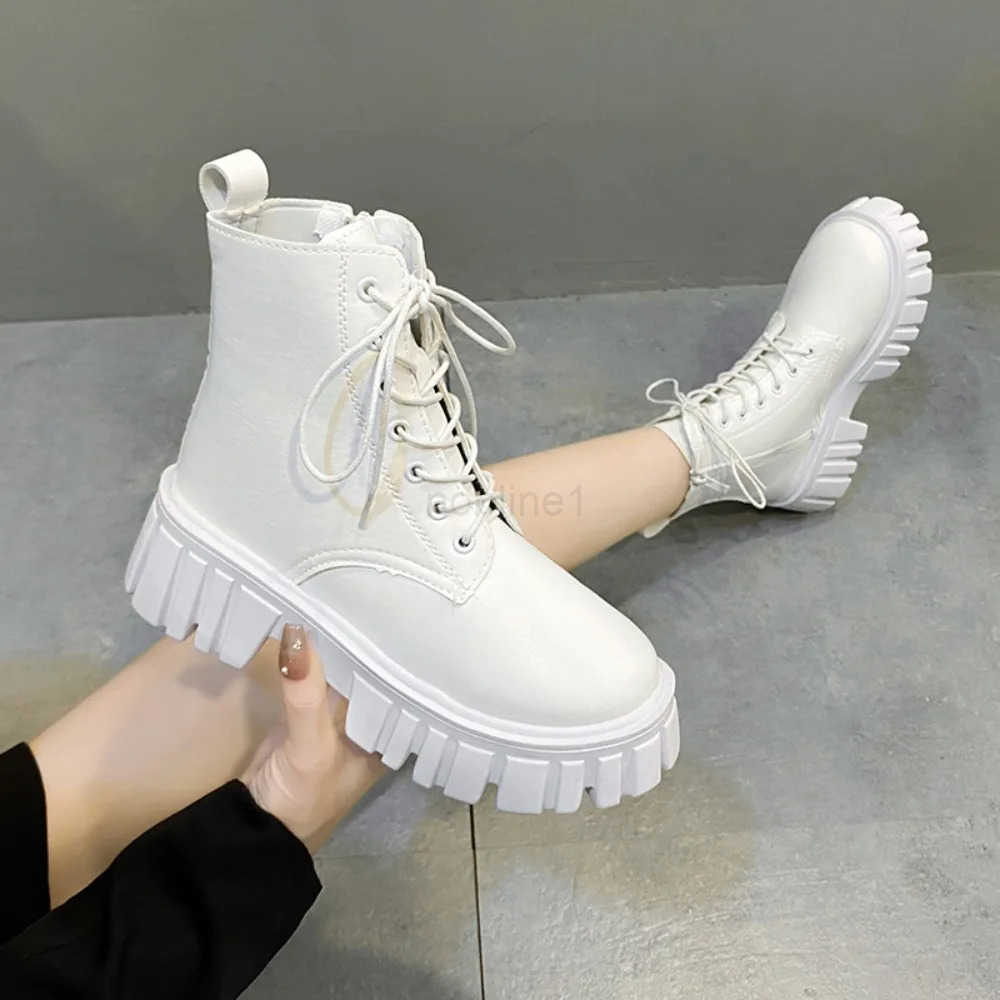 Chunky Platform White Ankle Boots Wen Autumn Winter Pu Leather Booties Mujer Punk Thick Bott Motorcycle Boots size 35-42 Z250304