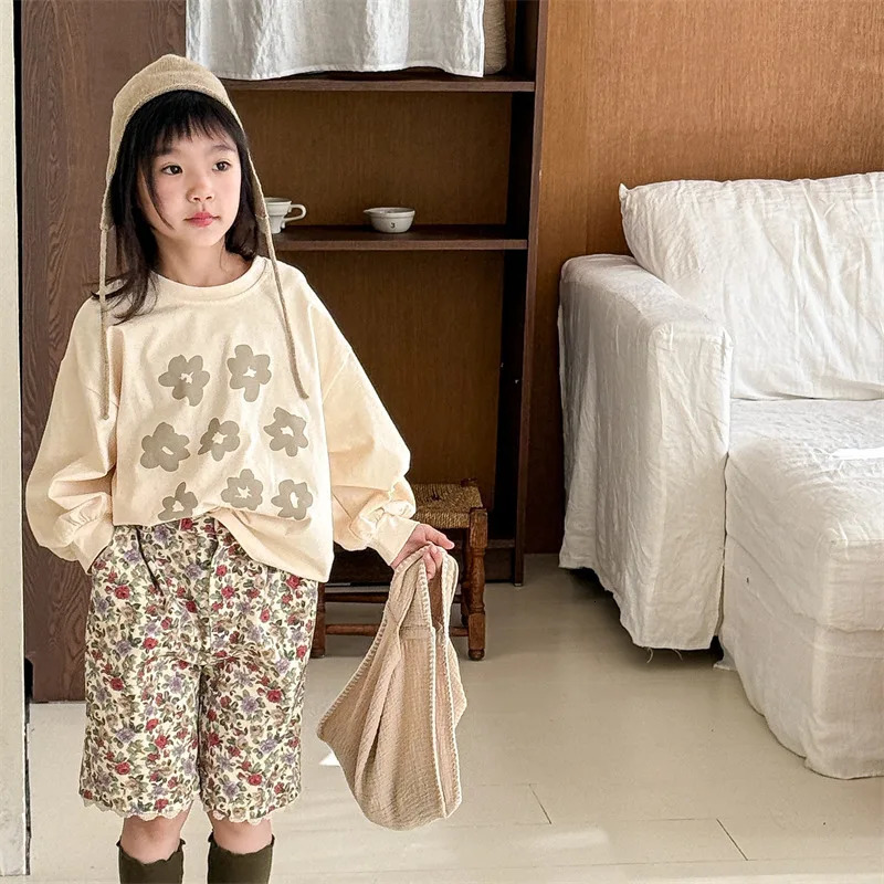 young deer Spring Summer Baby Girls Printed Shorts Lace Korean Style Children Casual Knee Length Pants 250304