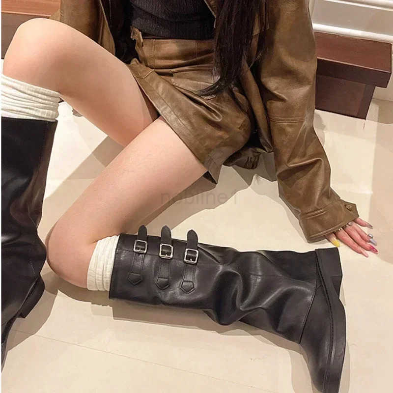 Winter New Wens Boots 2024 High Quality Fionable Round Toe Solid Color Buckle Mid-heeled Sle Wens High Boots Z250304