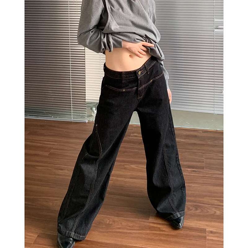 2024 Blue Women Jeans High Waist Vintage Straight Baggy Pants Streetwear Y2k American Style Fashion Wide Leg Denim Trouser