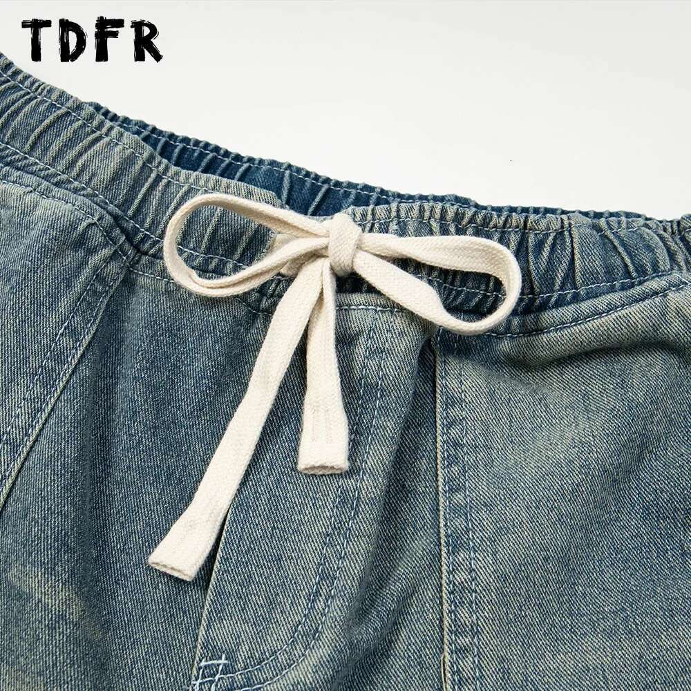 Pocket Washed Distressed Jacket Mens Retro Casual Streetwear Drawstring Elastic Waist Straight Wide Leg Denim Pants Men