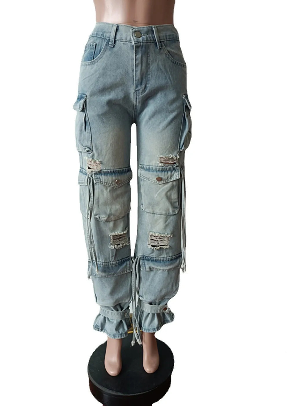 Multi Pockets Denim Straight Pants Sexy Women High Waist Elegant Streetwear Jeans Casual Trousers 250227