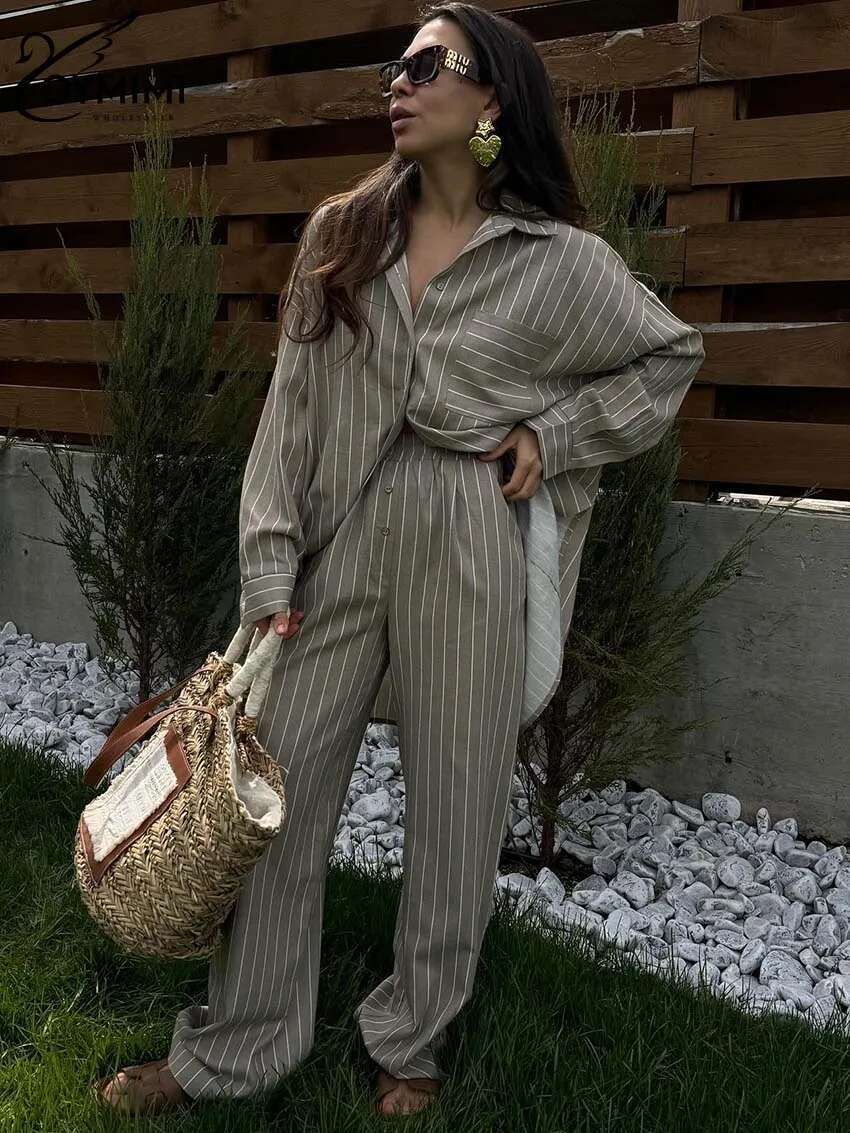 Fashion Khaki Print 2 Piece Sets Women Outfit Elegant Long Sleeve Pockets Button Shirts And High Waist Straight Pants Set