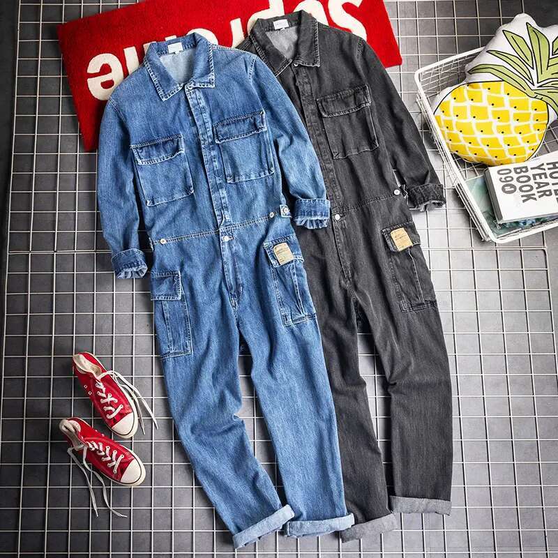 2021 Jeans Overalls Men Denim Jumpsuits Long Sleeve Lapel Multi Pocket Cotton Loose Street Cowboy Pants Blue Black Trousers
