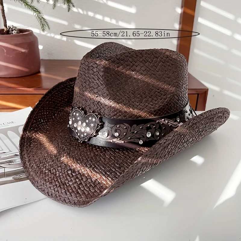 Diamond Belt Grass Knitted Knight Hat for Women Summer Outdoor Mountaineering Sunshade Sun Hat Western Cowboy Sunscreen Str HaXJ250304