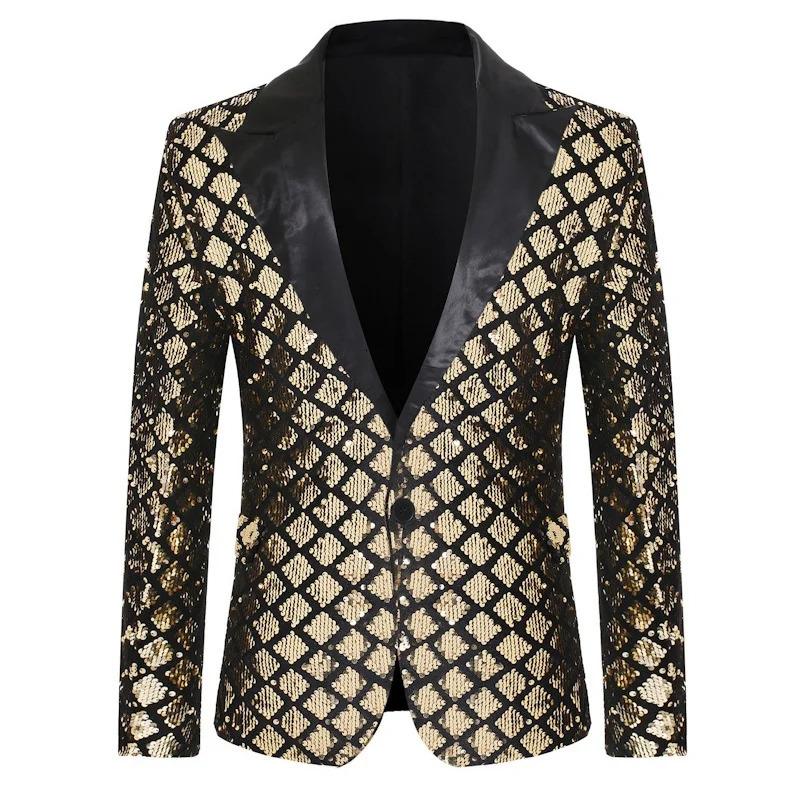 Mens Performance Dress Jacket Lapel Collar Slim Fit Suit Stage Banquet Host One Button Diamond Sequin Party Blazer Clothes 250304