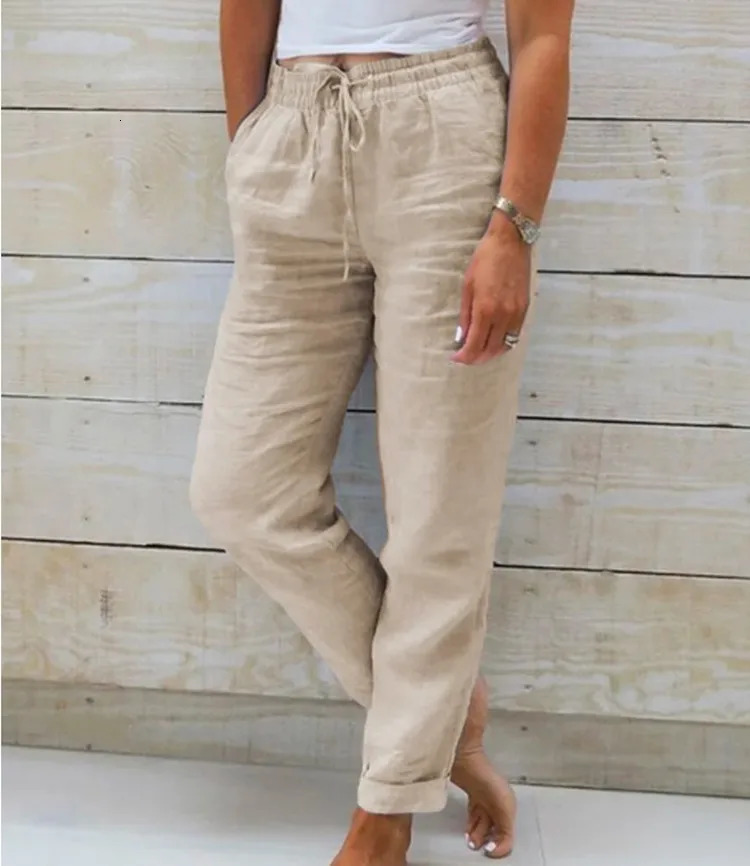 Cotton Linen Summer Pants for Women High Waist Elastic Casual Trousers Streetwear Solid Female Clothes Loose Pencil Pants 250303