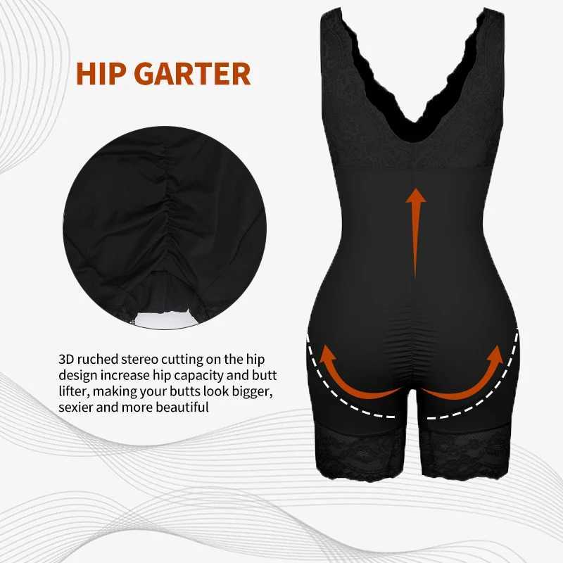 Womens Full Body Shapewear Sexy V Neck Bodysuit Slimming Belly Lace Patchwork Underwear Waist Trainer Modeling Strap CorsetXJ250304