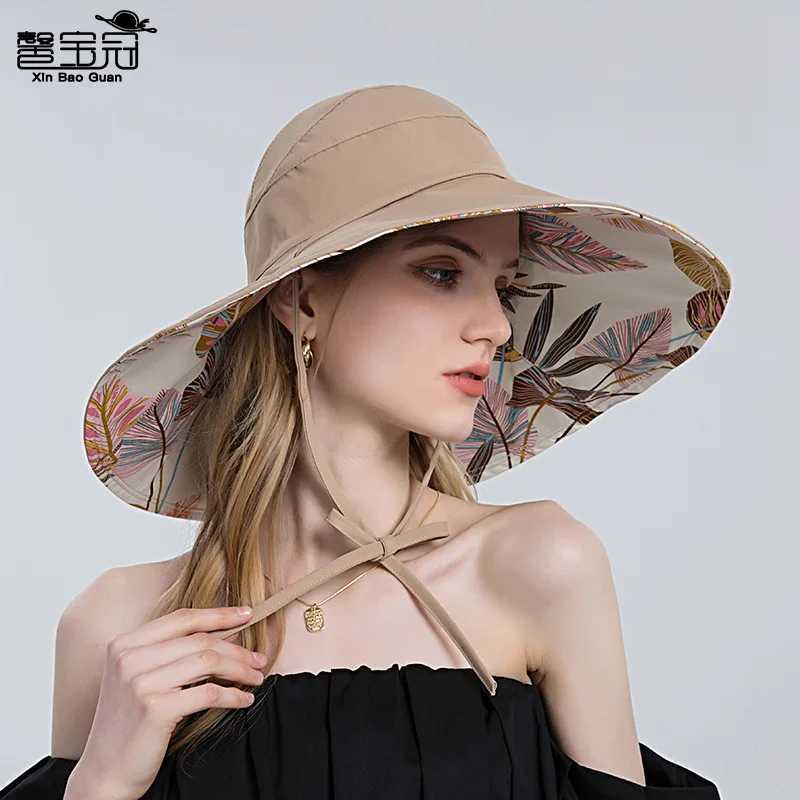 Womens cotton wide Brim sun hat with metal wire edge for summer UV protection UPF Bohemian hat beach hiking garden trip Chin StrXJ250304