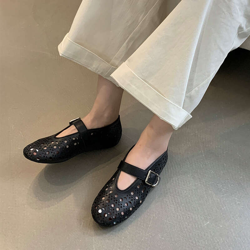 2024 Spring and Autumn New Fashionable Versatile Ballet Hollow Breathable Small Leather Shoes for Women Round Headed Shallow Mouth Flat Bottom Jumping