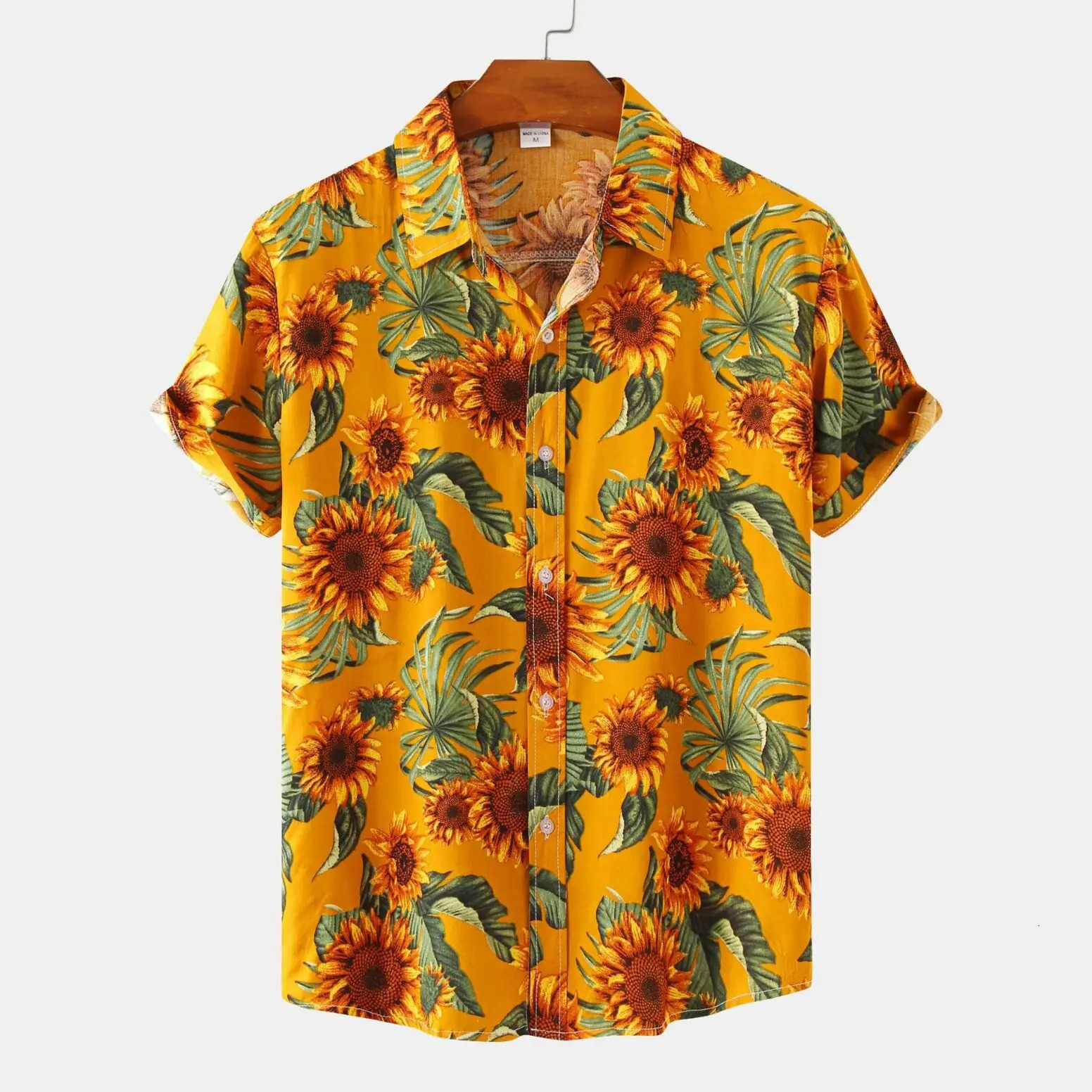 High fashion retro sports mens party sunflower pattern shirt lapel button shirt casual yellow sunflower mens shirt 250227