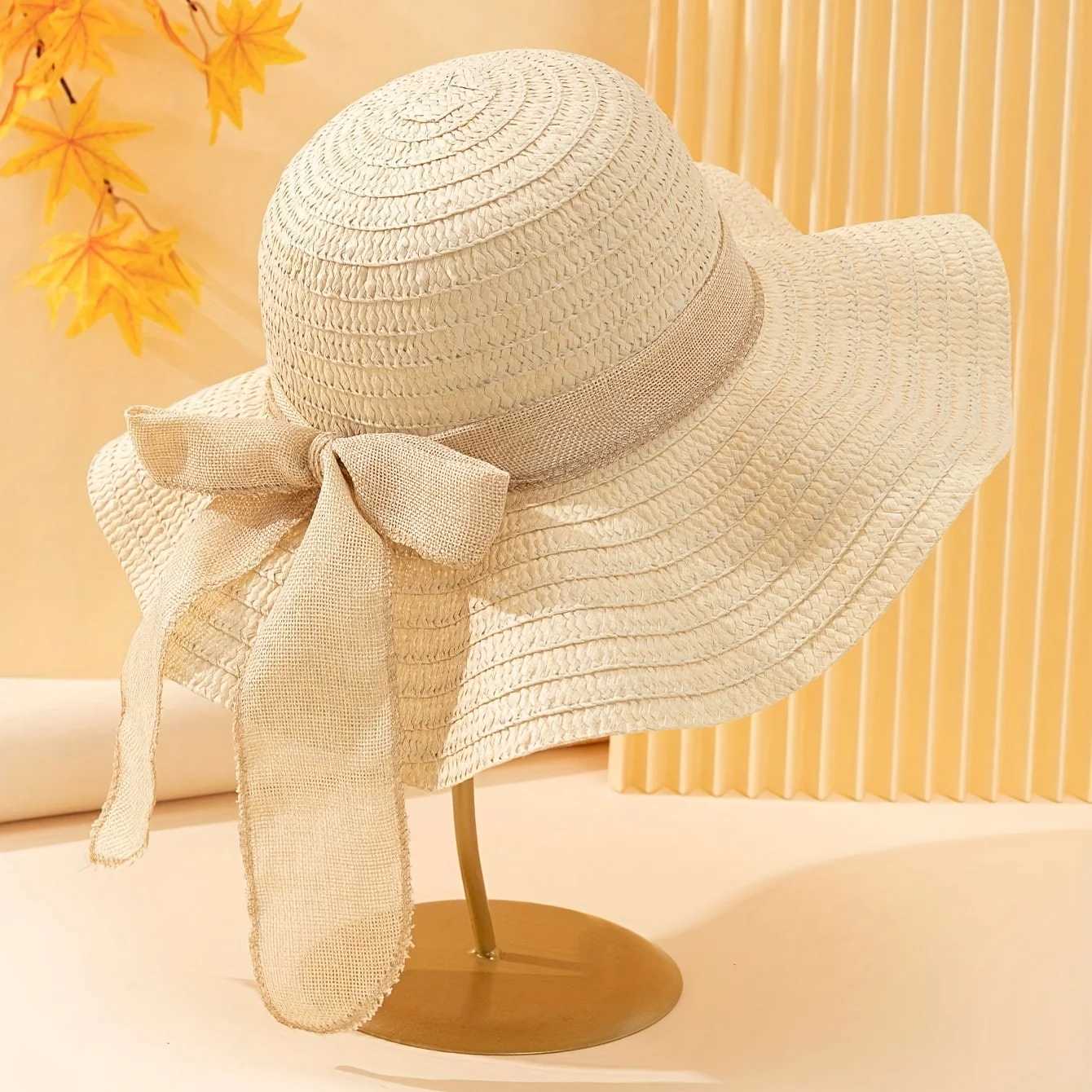 1 piece of womens oversized Brim Str hat womens summer sun hat large Brim sea hat bow beach hat suitable for sun protectionXJ250304