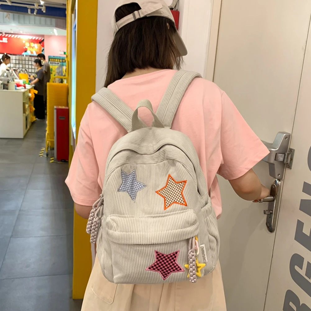 Ship from US Star Backpack for Women Daypack Corduroy Cute School Bags Girls Student Book Bag Schoolbag Kawaii Knapsack Campus 250304FBB