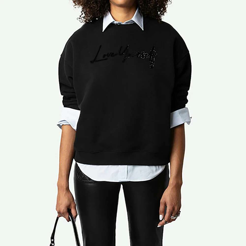 Letter Hot Drilg Sweatshirt Women O-Neck Long Sleeve Female Pullover Vintage Casual Lady Top 2025