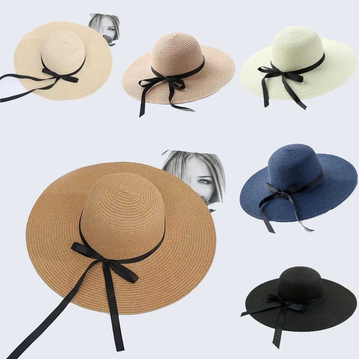 Large Eave Sunscreen Foldable Sun Hat Black Bow Tie Dge Beach Hat Outdoor Seaside Vacation Fashionable Beach Hat for WomanXJ250304