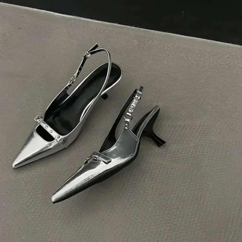 Sgback Sandals Fashion Women Med Heels Pumps Rivet Shoes Elegant Pointed Toe Female Mules Dress Slides Denim Sandalias