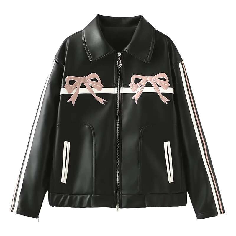 Woman's Street Style Faux Leather Cool Bow Coat Sweet Retro Lapel Long Sleeves PU Jacket Streetwear Zipper Outerwear