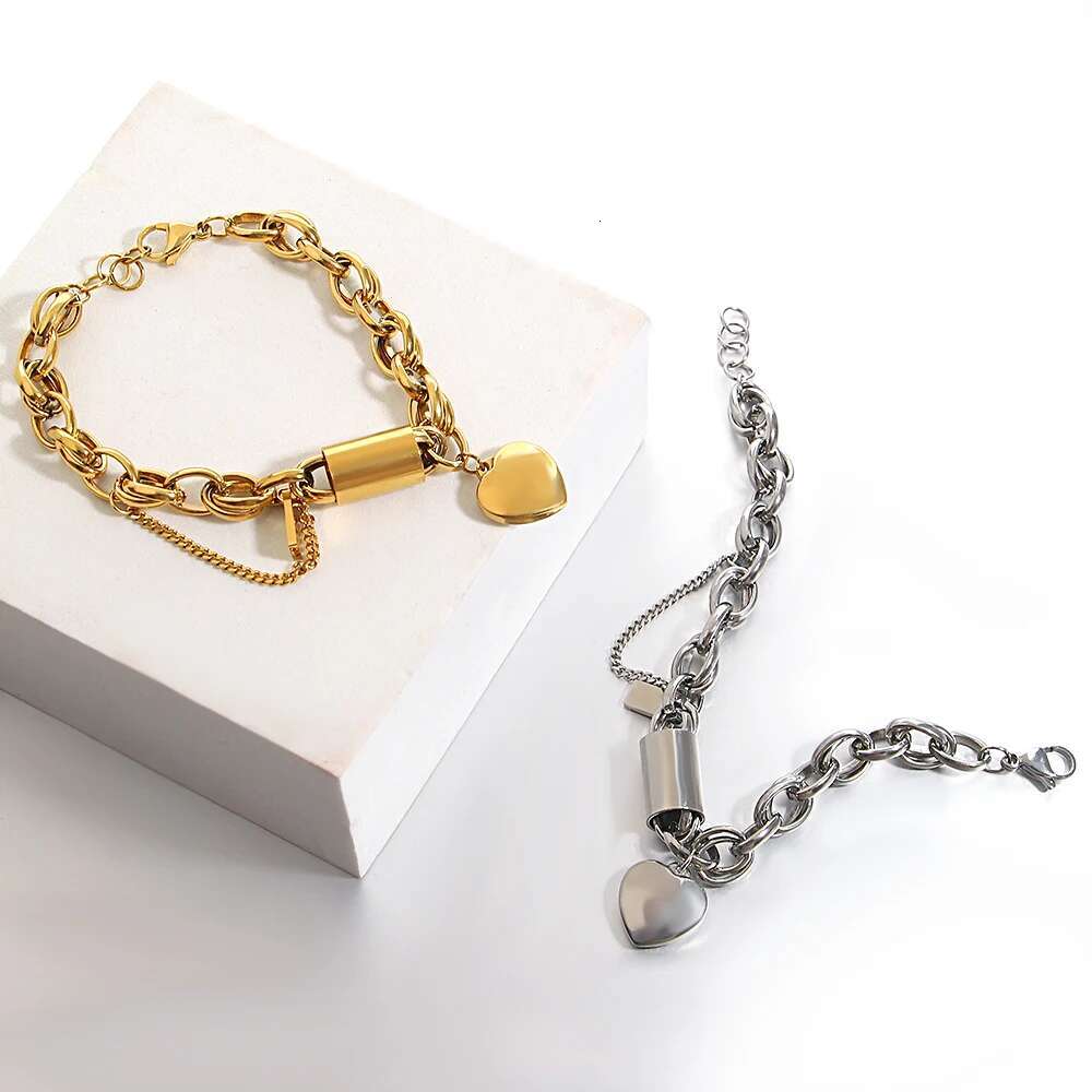 DZ Gold Color Thick Chain Stainless Steel Bracelets for Women Fashion Design Heart Love Pendant Wrist Jewelry
