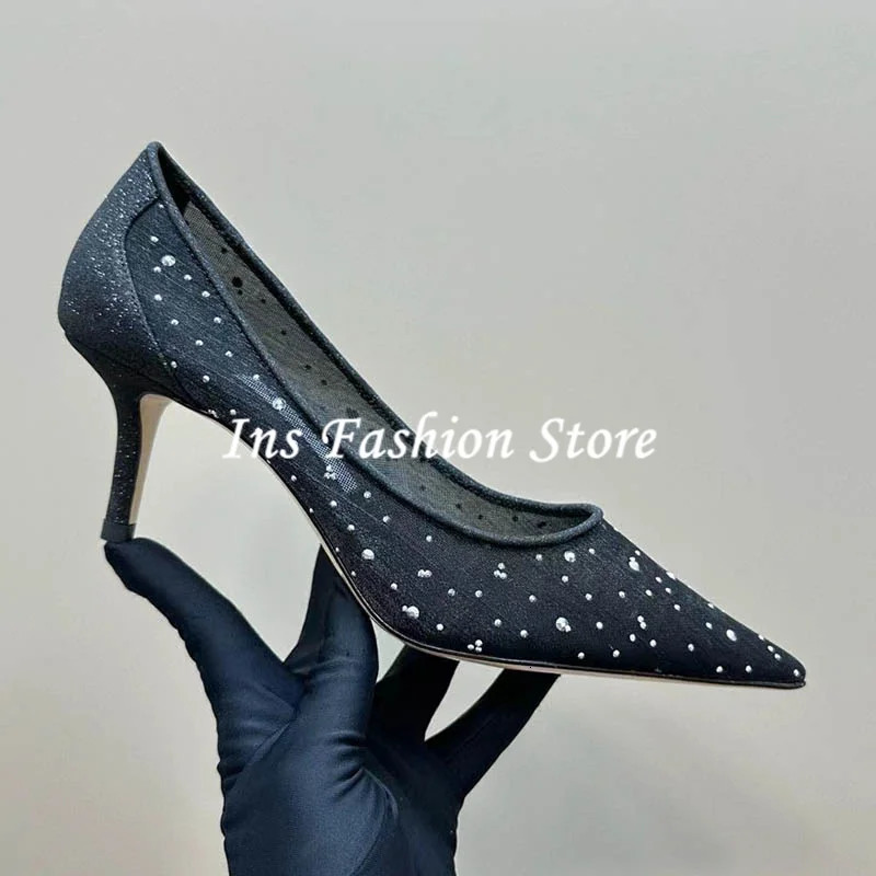 Sequins White Mesh Pointed Toe High Heels Wedding Crystal Pumps Woman Stilettos 8CM 6CM Dress Party Celebrity Shoes 250228