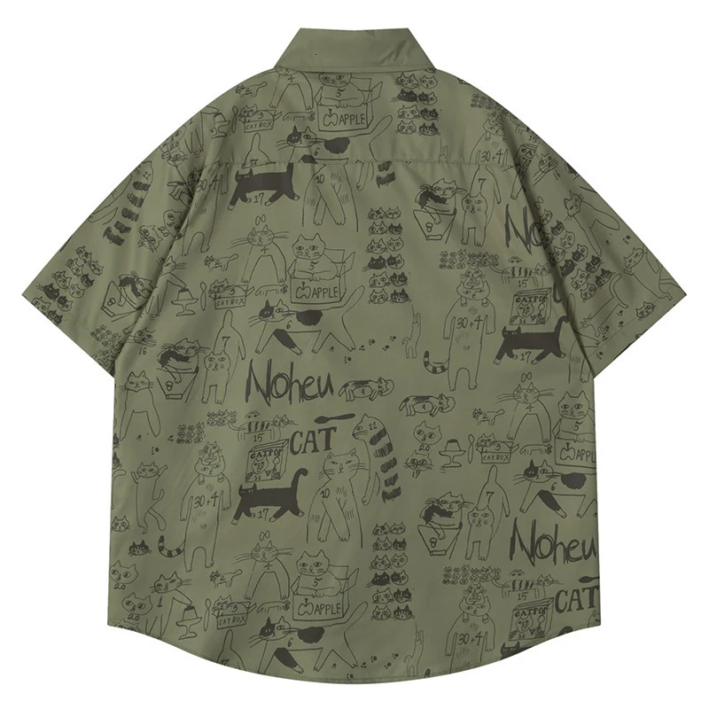 Summer mens short sleeved shirt hip-hop retro cartoon cat graphic printed shirt Harajuku streetwear casual loose shirt 250227
