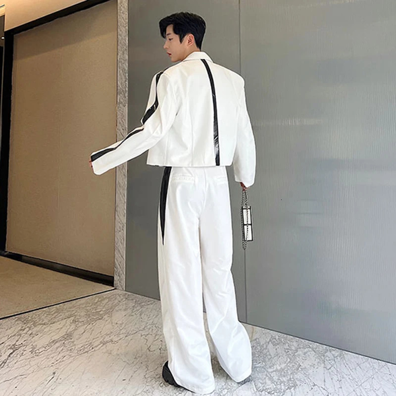 IEFB Korean Style Sets Niche Male Blazers Pu Leather Spliced Suit Coat Wide Leg Suit Pants Two Piece Menwear 9C1614 250303