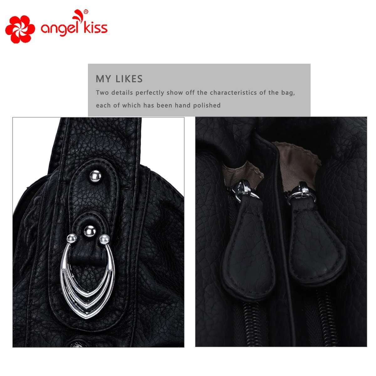 Angelkiss Fashion PU Shoulder Casual Black Hobo Handbag Satchel Large Vintage Women's Bag Cell Phone Pocket Purse