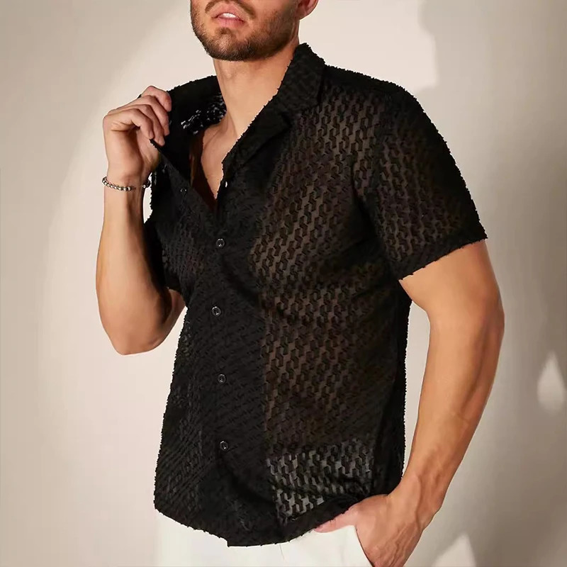 Mens Hollow Out Mesh Lace Short Sleeve Shirt Leisure Fashion Lapel Party Jacquard Button-down See-through Clothing S-2XL 250304