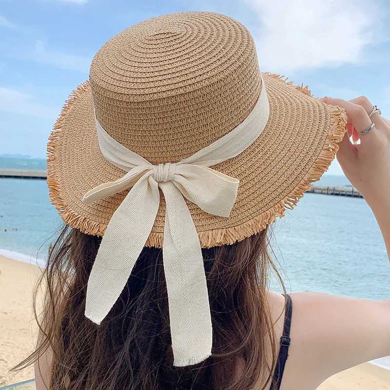 Korean Bow Str Hat for Women Outdoor Beach Wide Brim Sun Visor C Summer Vacation Sunshade Female Panama HatsXJ250304