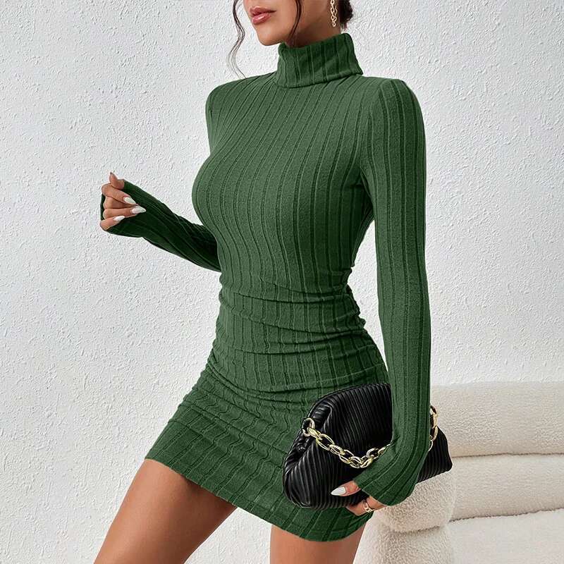 New Solid Autumn Winter Women Long Sleeves Turtleneck Sexy Bodycon Sheath Mini Dress Club Elegant Party Knitted Dresses