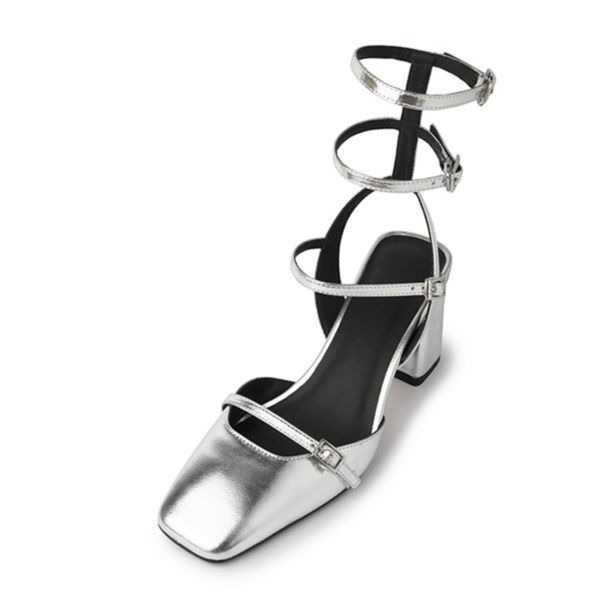 heels French style stunning sier Mary Jane high-heeled shoes with feel square strap toe cap thick heel sandals for 250309