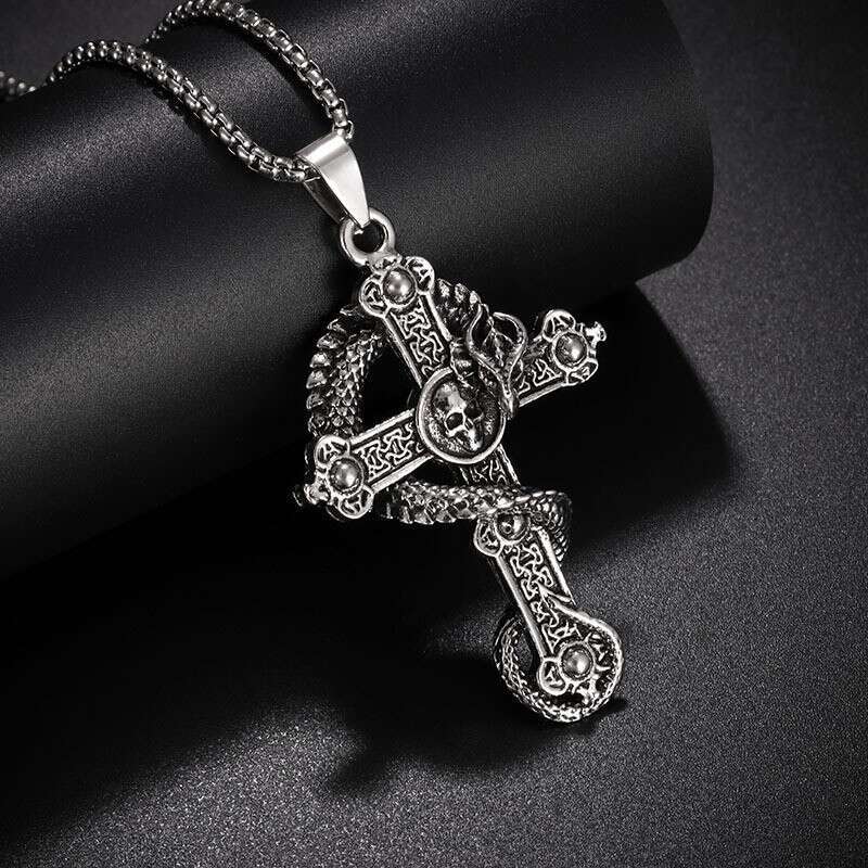 Skeleton coiled dragon cross necklace, male domineering pendant, street personalized pendant accessory
