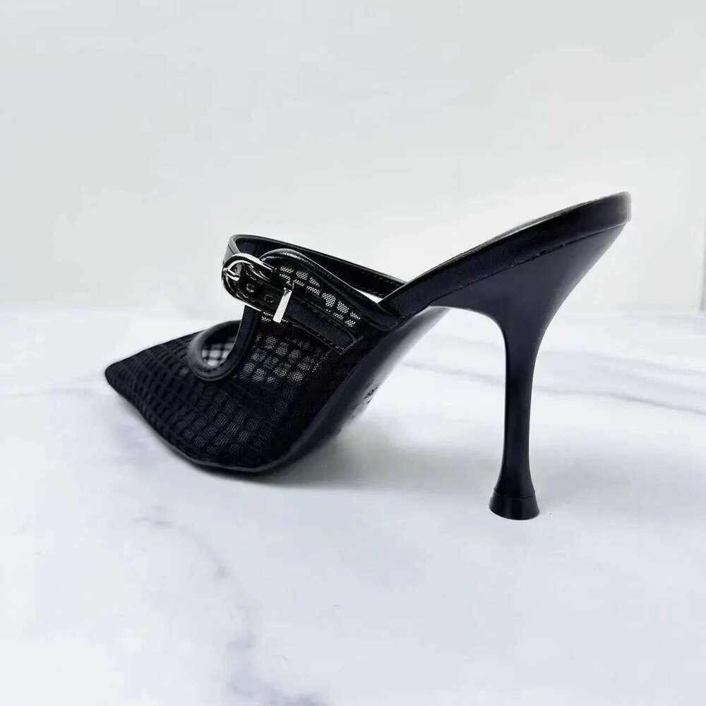 Mules High Heels Shoes for Laides Sexy Pointed Toe 2025 Summer Stilettos Black Hollow Breathable Mesh Vintage Women's Sandals