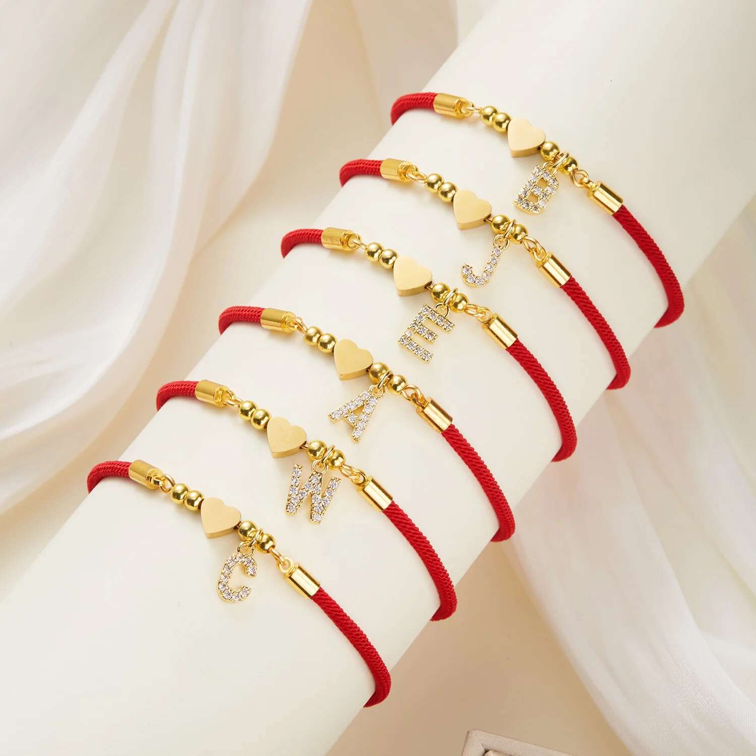 Stainless Steel Gold Color A-Z Heart Initial Letter for Women Lucky Red Adjustable Rope Bracelet Charm Jewelry Gift