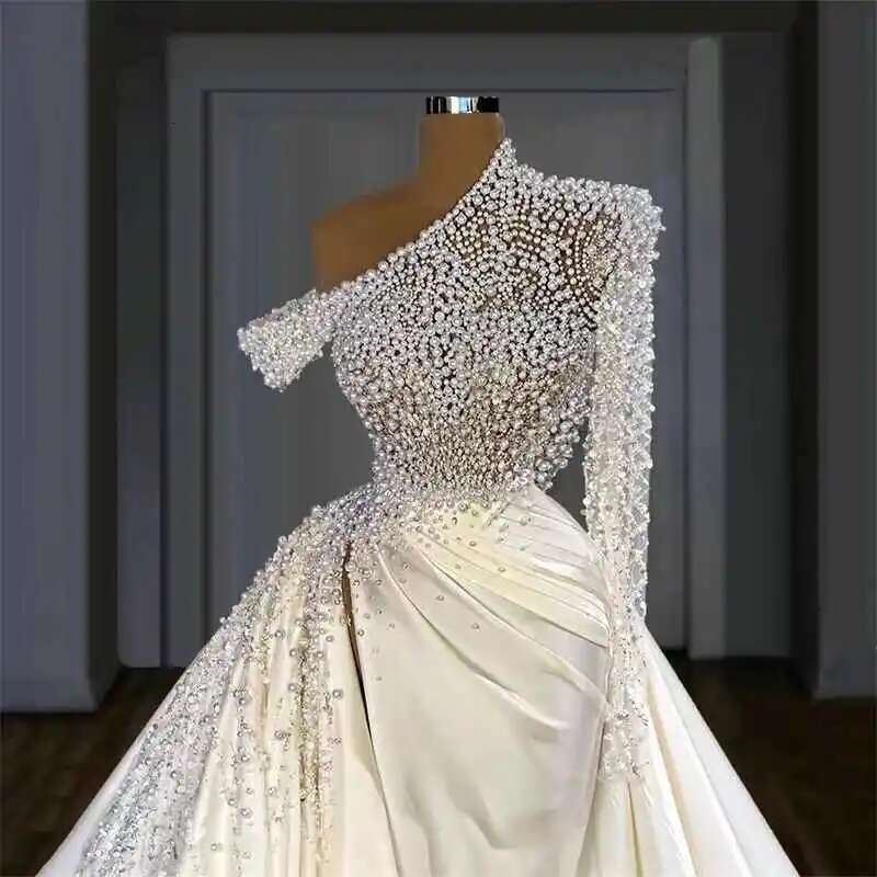 the mermaid wedding dresses pearls satin one shoulder designer detachable pleated bridal train made to order robe