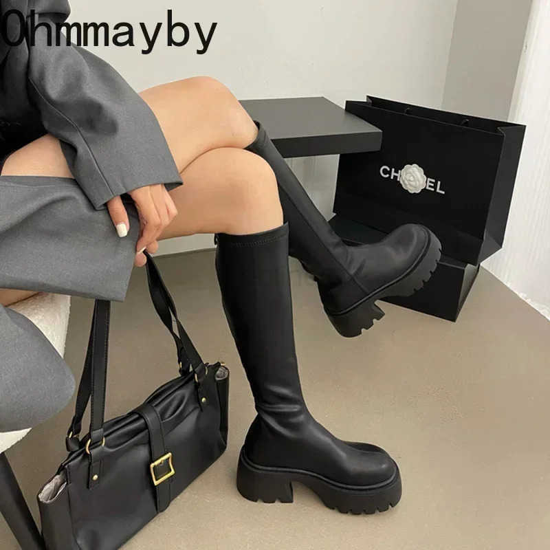 Winter High Boots For Wen Fion Back Zippers Long Boots Fem Elegant Platform Thick Bott Wens Knight Botties Z250304