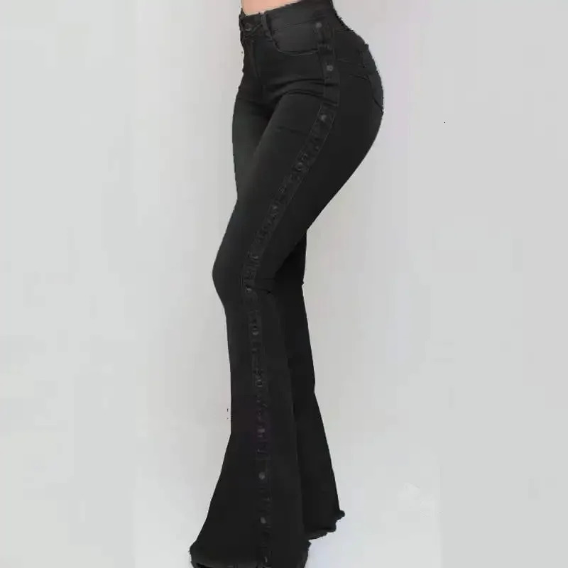 Jeans High Waist Strecth Denim Flare Pant Vintage Trousers Buttons Denims Streetwear 2024 Autumn Female Floor Length 250227