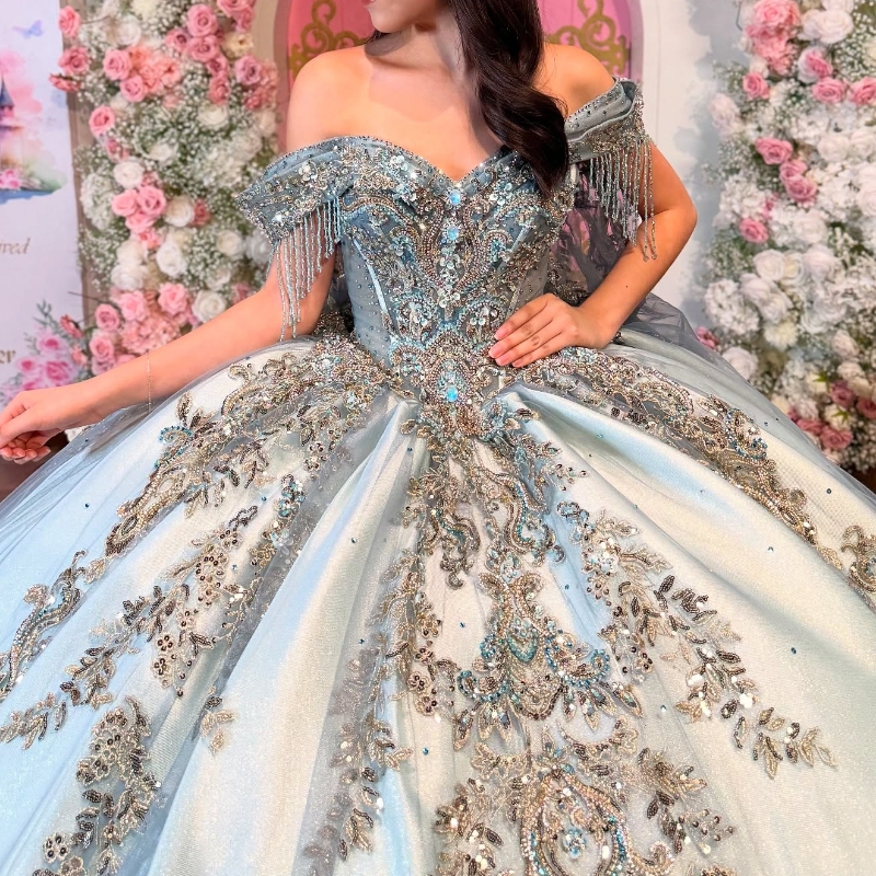 Royal Blue Shiny Quinceanera Dresses Ball Gown Off The Shoulder Applique Lace Beading Tull Party Birthday Sweet 16 Vestidos 15 De Anos