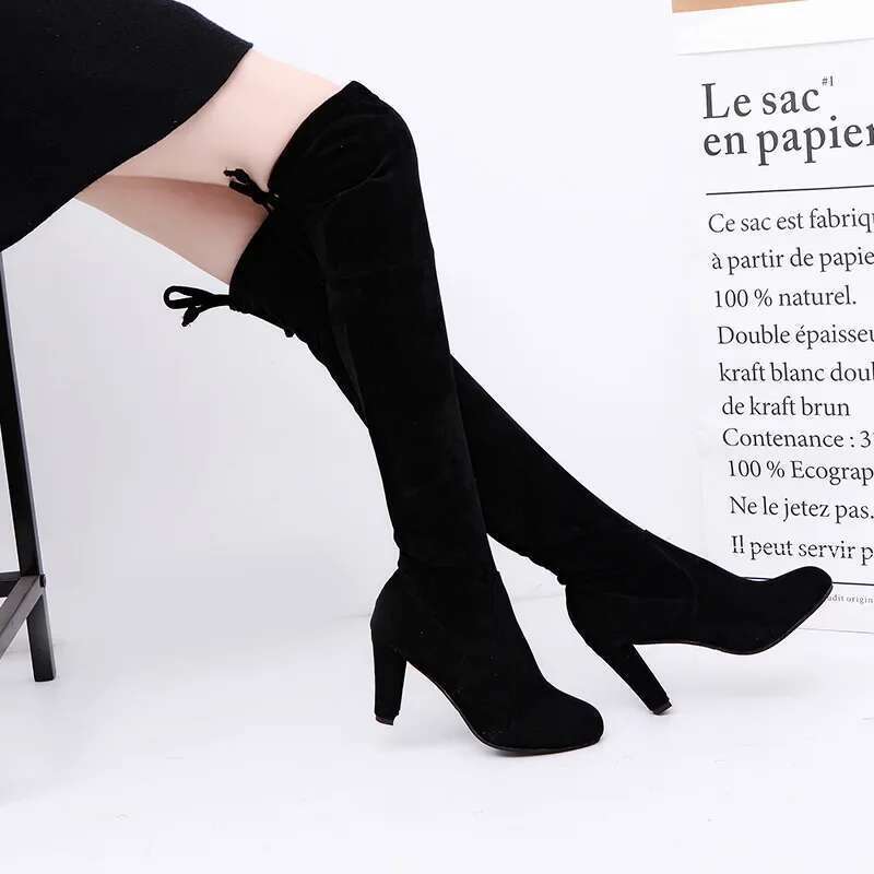 2025 OVERThe Winter Knee Women Stretch Fabrics High Heel Slip on Shoes Pointed Toe Woman Long Boots Size Plus Size34-43