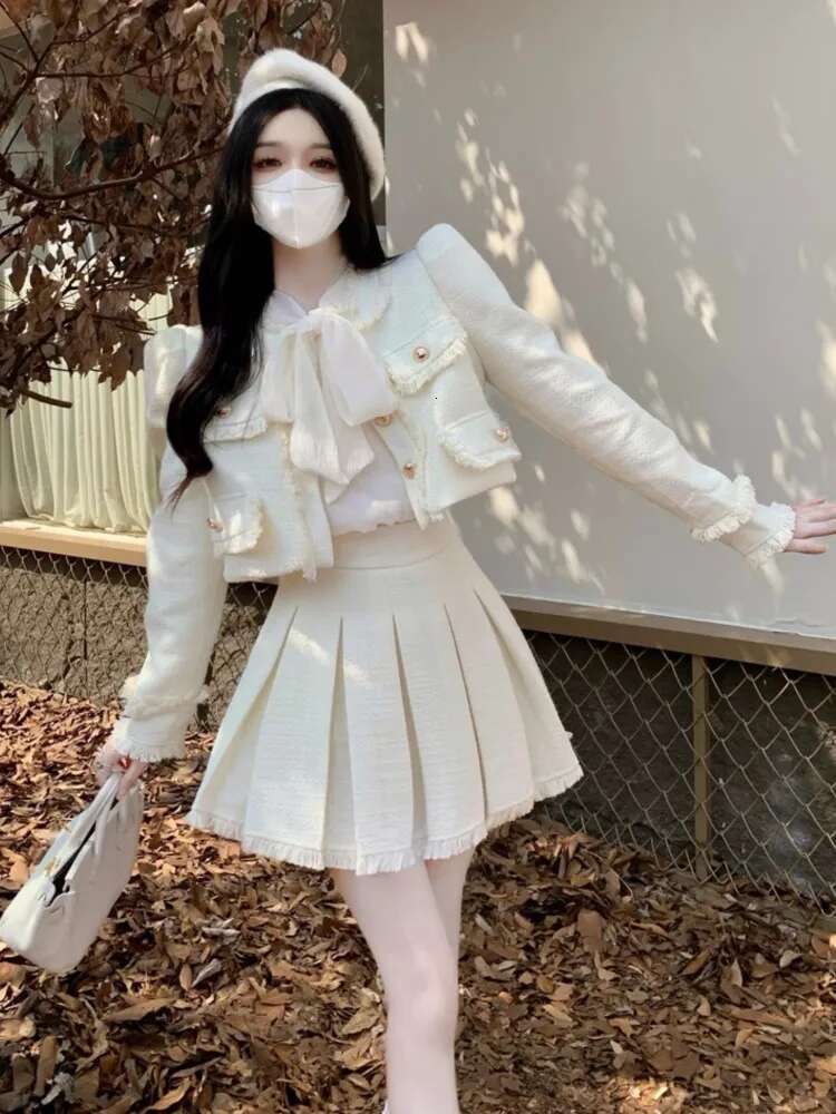 Spring New French Vintage Tweed Two Piece Set Women Short Jacket Coat + Pleated Skirt Suits Korean Ladies Outfits