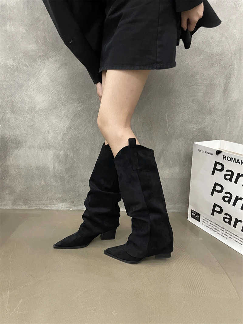Pleated Boots Wen Faux Suede Flock Knee High Boots 2024 Winter Wen Fion Slip on Square Low Heel Knight Booties Mujer Z250304