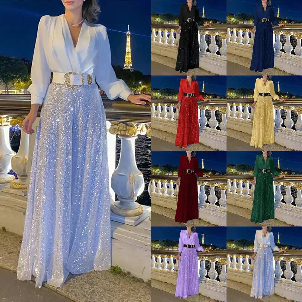 Womens Jumpsuit Fashion V-neck Long Sleeved Shirt with Elegant Temperament Slim Waist and Sequin Wide Leg Pants Autumn 250303